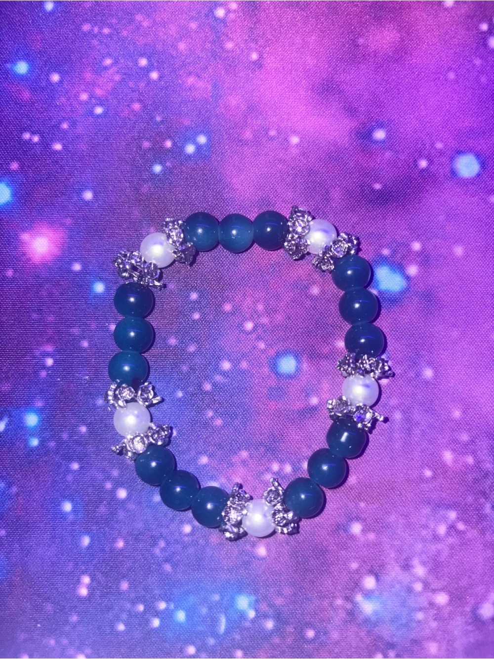 Handmade Elegant Navy Blue Beaded Stretch Bracelet with Pearls